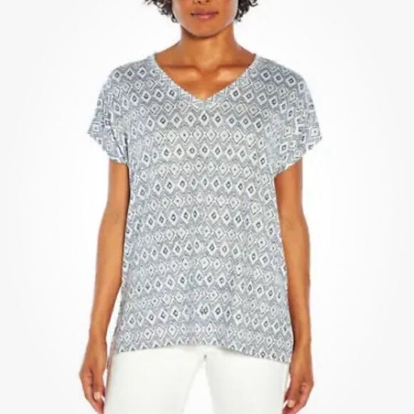 Orvis Blue Knit Geometric Tunic Top Short Sleeve Size Small Aztec - Picture 1 of 10